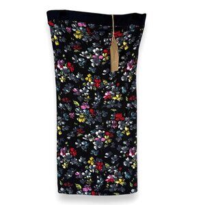 French Connection Strapless Tube Top Dress Black Jersey with Floral Print Medium